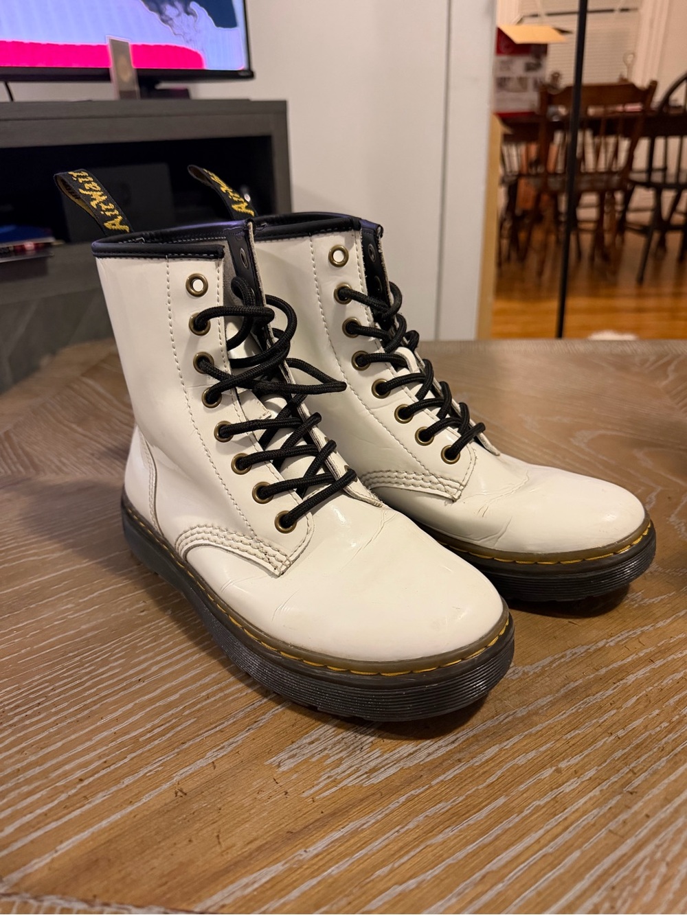 Dr. Martens White Patent Lace-Up Platform Boots with Black Trim
